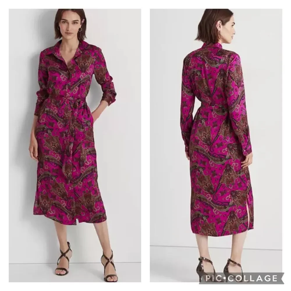 Lauren Ralph Lauren Pink Paisley Shirt Dress Belted Size 14 - Picture 1 of 8